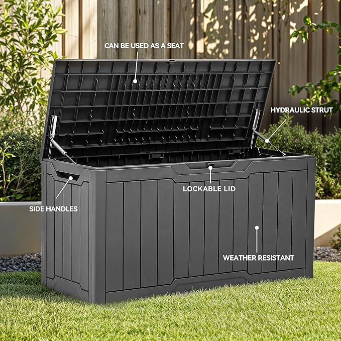 YITAHOME 80 Gallon Outdoor Storage Box, Large Water Resistant Resin Deck Box, Indoor Outdoor Lockable Storage Container for Patio, Garden, Cushions, Tools, Equipment (Dark Gray)-VerdiqueGarden