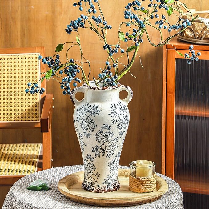 Enra Vintage vase with Handle,12.6 inch Blue and White Ceramic Decorative Flower vase, Chinoiserie Floral Vase,Large Rustic Vases for Home Decors, Living Room, Bookshelf, Office-VerdiqueGarden
