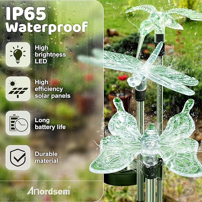Anordsem Solar Garden Lights Outdoor: 3 Waterproof PVC Insect Light Heads - Changeable Color LED Stake for Homeowners Patio Decoration - Gardening Gifts for Garden Enthusiasts-VerdiqueGarden