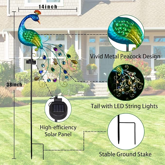 DREAMSOUL Metal Peacock Garden Solar Lights Outdoor Decorative Garden Stake Lights- Waterproof Peacock Solar Landscape LED Path Light Patio Yard Lawn Outside Decoration-VerdiqueGarden