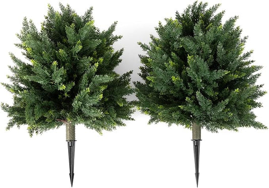 Premium 16" Diameter Artificial Cypress Topiary – Set of 2 Faux Plants with Ground Spikes – UV-Resistant, Realistic Outdoor & Indoor Greenery – Weatherproof Garden Landscaping Décor-VerdiqueGarden