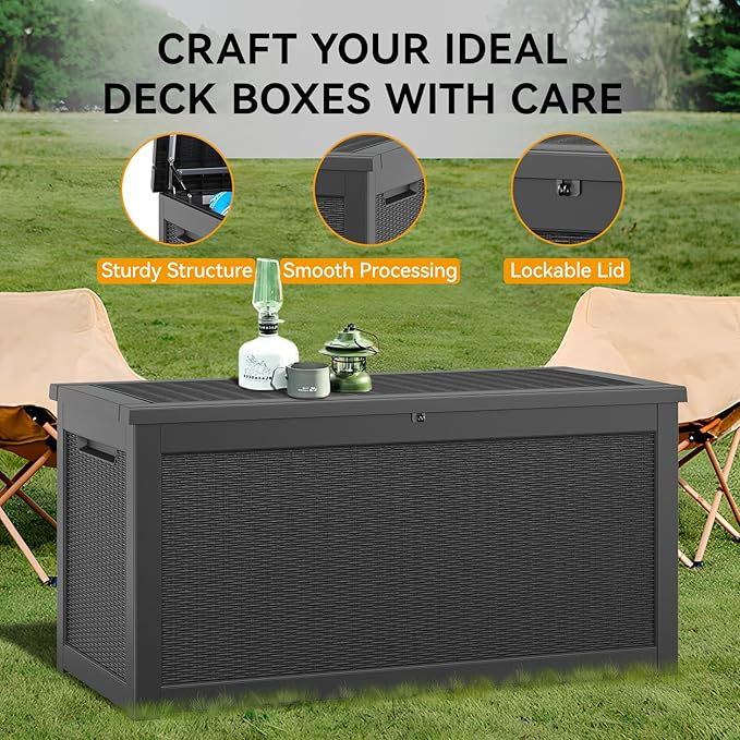 KAMABOKO 260 Gallon Outdoor Storage Box, Resin Deck Boxes Indoor and outdoor, Waterproof Storage Box Lockable Lid for Garden Tools, Package Delivery, Patio Cushions, Black-VerdiqueGarden
