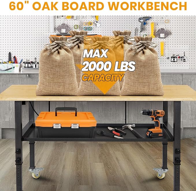 48"/60'' Adjustable Workbench, Rubber Wood Top Work Bench Heavy-Duty Work Table with Power Outlet, Wheels, Partition 2000 LBS Load Capacity Hardwood Work Benches for Garage, Workshop, Home, Office-VerdiqueGarden