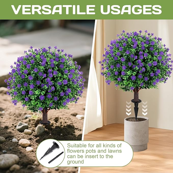 Artificial Purple flower Topiary Ball Tree 25" with Ground Spike, Set of 2 Artificial Boxwood Bushes for Faux Shrubs, Fake Evergreen Faux Plant for Indoor Outdoor Garden -UV Resistant–Fade-Proof-VerdiqueGarden