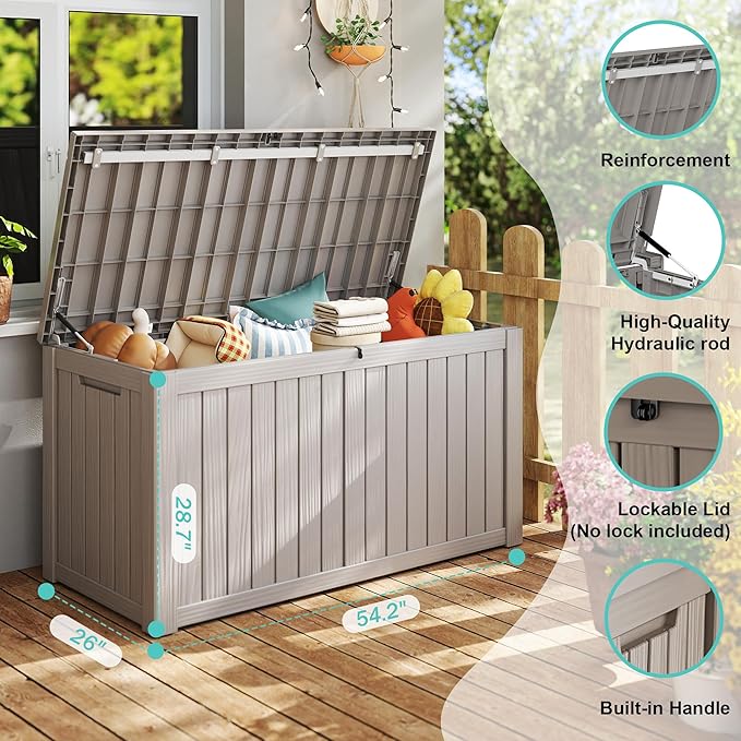 150Gal Outdoor Deck Box Waterproof, Lager Patio Storage Box Indoor and Outdoor Use, Lockable Resin Storage Bin for Patio Furniture Cushions Garden Tools, Package Delivery,UV Resistant-Grey-VerdiqueGarden
