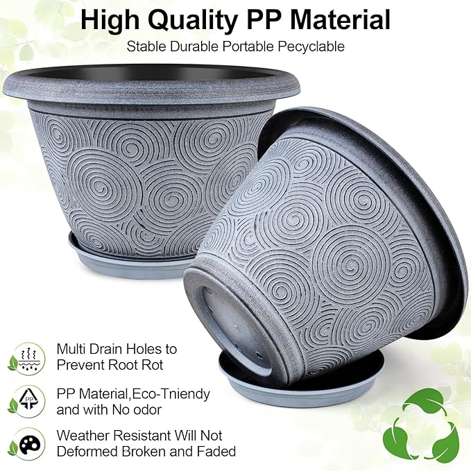 10 Inch Flower Pots Planters for Indoor Outdoor Plants, 3 Pack Plastic Large Plant Pots with Drainage Hole & Tray, Modern Decorative Garden Pot with Saucer, Plant Container for House-VerdiqueGarden