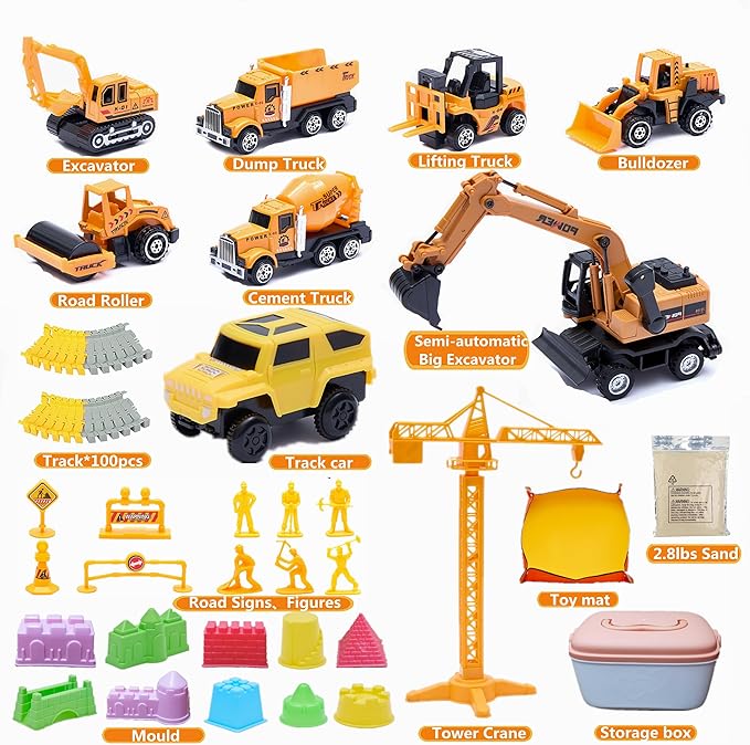Sand Construction Kit, 2.2lbs Play Sand with Sandbox, 1 Toy Mat 8 Alloy Construction Trucks Race Tracks 10 Sand Molds Sensory Bin Toys for Toddlers Boys Girls Ages 3-8-VerdiqueGarden