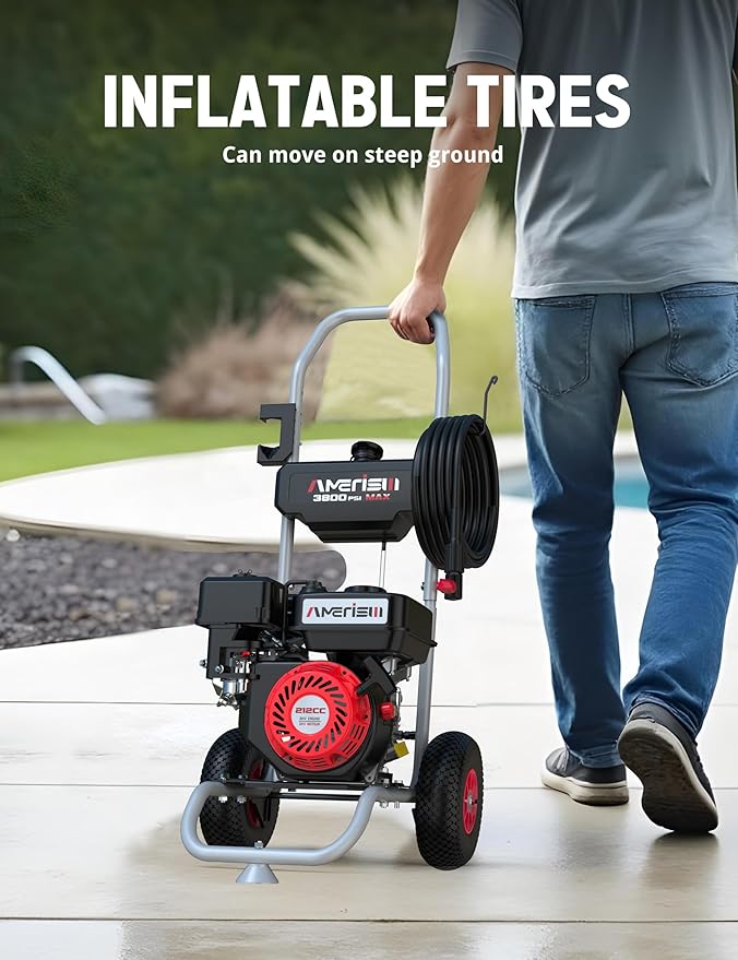 Gas Pressure Washer 3800 PSI and 2.5 GPM, 212CC, with Onboard Soap Tank, 10" Wheel, 5 Nozzle Set, for Cars/Fences/Homes/Patios/Furniture-VerdiqueGarden
