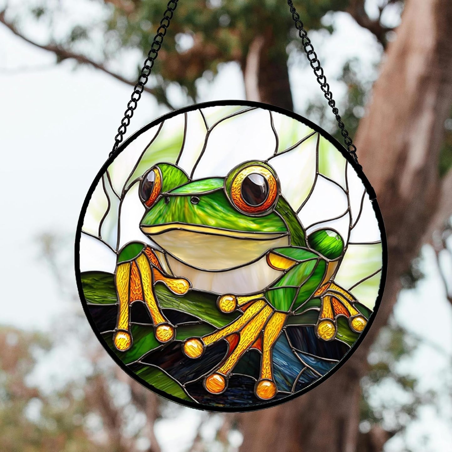 Stained Glass Window Hanging, Green Frog White Petals Sun Catchers Colorful Glass Panel Cute Suncatcher Decor for Birthday for Women, Men, Wife, Aunt, and Mom 14.9x14.9 in-VerdiqueGarden