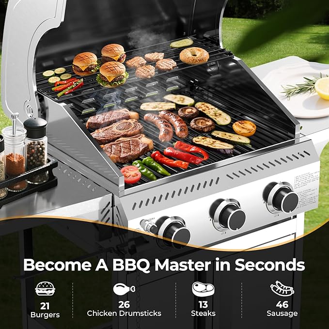 R.W.FLAME Stainless Steel Propane Gas Grill, 3 Burner 24000BTU BBQ Grills, Foldable Side Table, Enamel Wire Grate, Removable Grease Tray, Barbecue Grill for Outdoor Cooking, Backyard, Patio, Deck-VerdiqueGarden