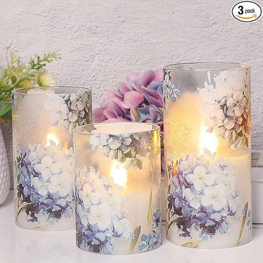 Floral Flameless Candles Decorative Battery Operated with Remote Hydrangea Flowers Romantic Lovers Flickering Pillar Candles for Wedding Tray Centerpiece Home Decor-VerdiqueGarden
