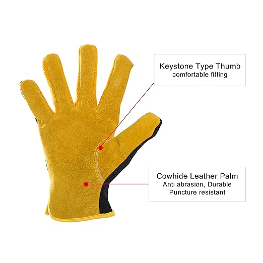 HLDD HANDLANDY Garden Gloves Men, Leather Work Gloves for Men & Women, Cowhide Gardening Gloves Utility Work Gloves for Mechanics, Construction, Driver (S, Yellow)-VerdiqueGarden