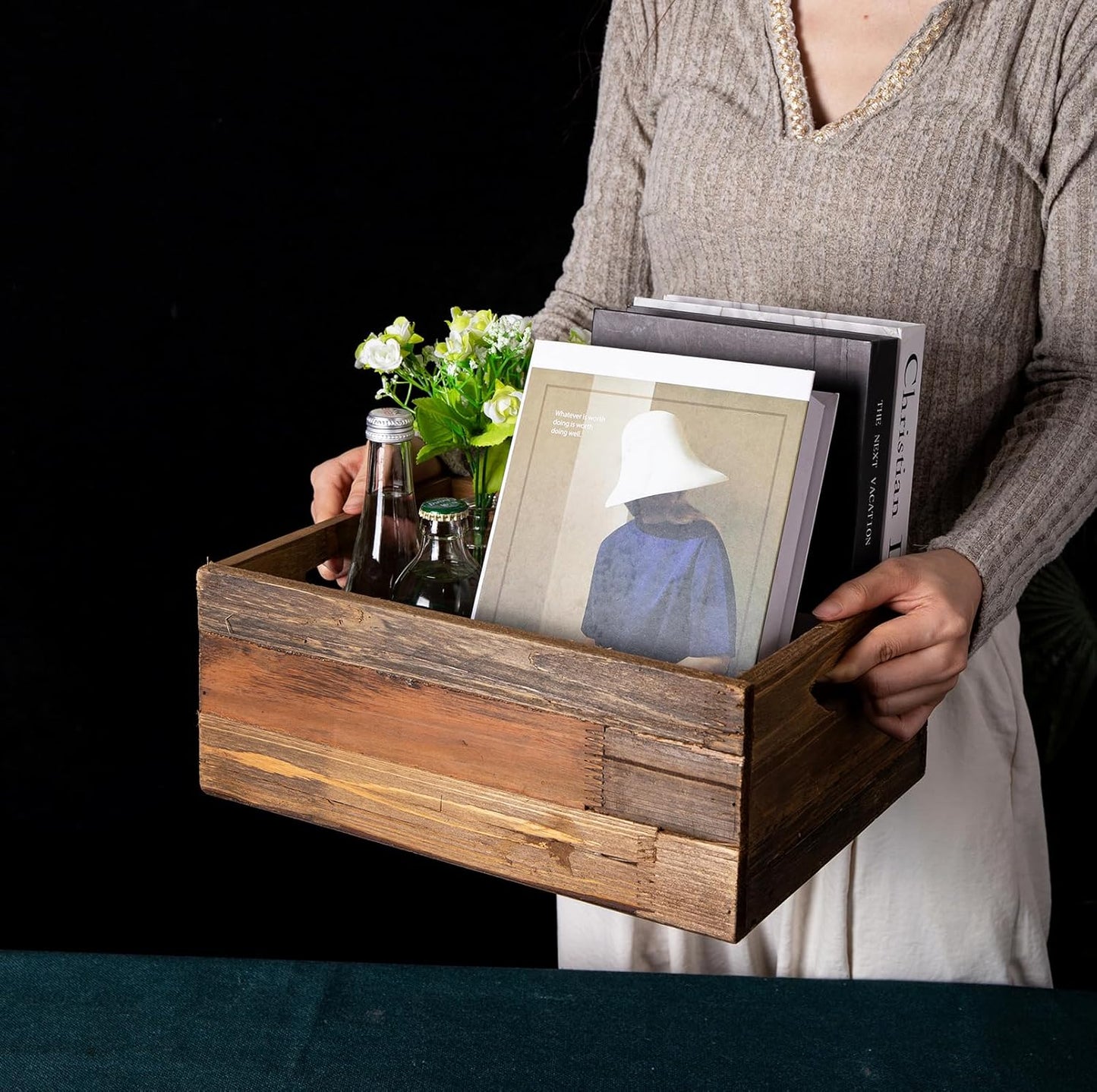 TIMRIS Set of 3 Rustic Distressed Wood Nesting Crates, Farmhouse Decorative Wooden Storage Boxes, Vintage Reclaimed Wood Baskets for Display (Natural)-VerdiqueGarden