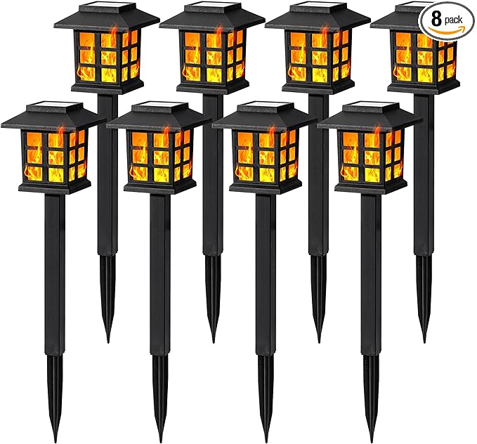 GIGALUMI Solar Lights for Outside,8 Pack Flickering Flame LED Solar Outdoor Lights, Waterproof Solar Garden Lights Maintain 10 Hours of Lighting for Christmas, Garden, Landscape, Path, Yard, Patio-VerdiqueGarden