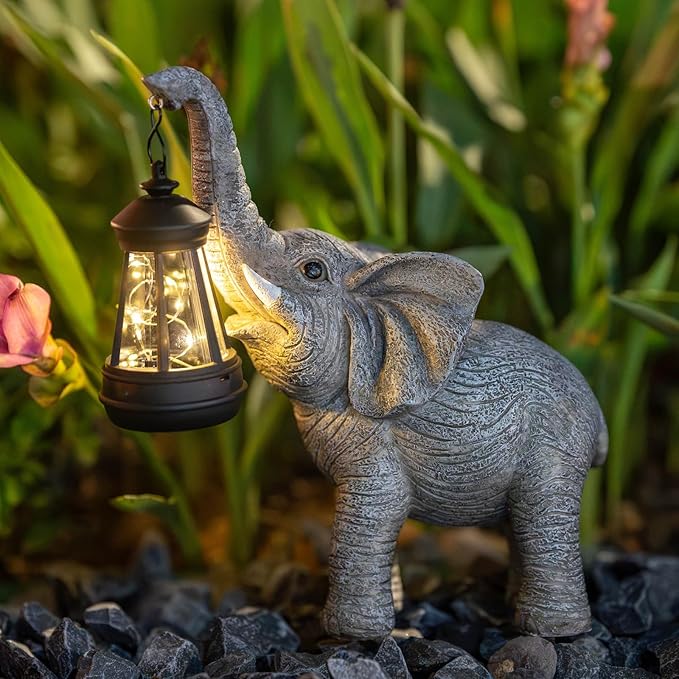Solar Garden Statue Lights Elephants Figurine with Solar Lantern, Outdoor Yard Decorations for Patio Porch Home, Christmas Elephant Gifts for Women - Unique Housewarming Gifts-VerdiqueGarden