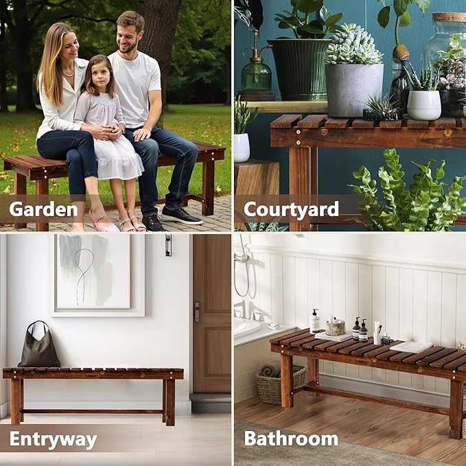 Outdoor Garden Bench, Weatherproof Patio Benches 3-Person Seat Backless Wooden Porch Bench, Multifunctional Slat All Weather Bench for Garden Lawn Porch Park Backyard (Carbonized Brown, 47.2 inch)-VerdiqueGarden