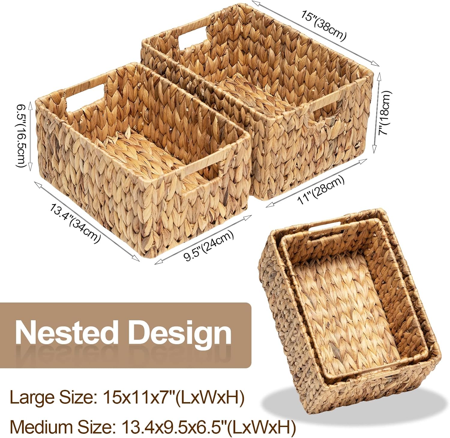 FairyHaus Wicker Baskets 15x11x7 & 13.4x9.5x6.5, 2 Pack Handmade Big Wicker Storage Basket with Handles, Natural Water Hyacinth Wicker Baskets for Storage Shelves Organizing, Rectangle Wicker Basket-VerdiqueGarden