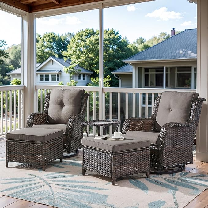5 Pieces Patio Furniture Sets Wicker Outdoor Furniture, Rattan Patio Swivel Glider Chairs with 2 Ottoman and Glass Side Table-VerdiqueGarden