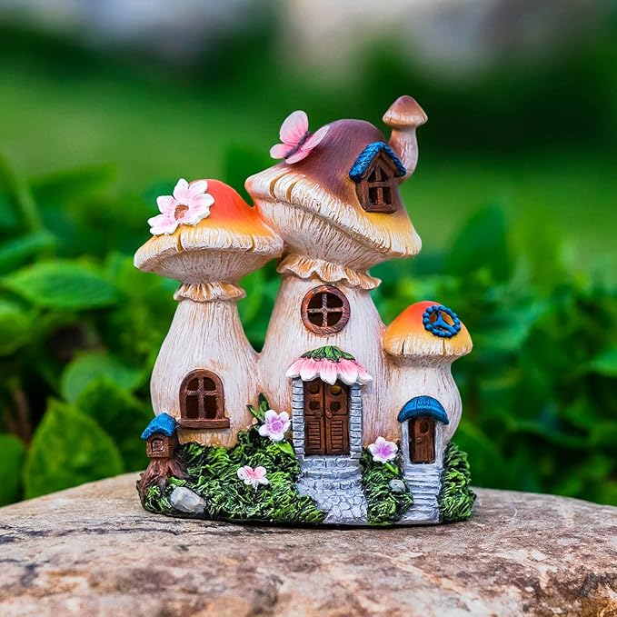 Solar Garden Statue Lights Mushroom Fairy House Figurine, Outdoor Memorial Garden Ornaments Waterproof Decoration for Outside Patio Yard Lawn Decor-VerdiqueGarden