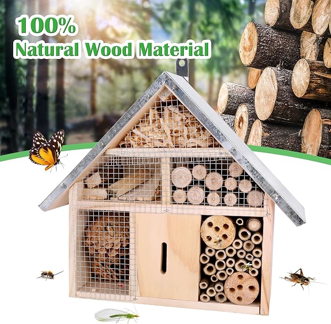 antiai Wooden Mason Insect Bee Butterfly House,Insect Hotel,an Outdoor Hanging Bamboo Habitat for Ladybugs Live,Bee Box,Butterfly Habitat for Garden,12.4 x 12 x 3.9 Inch-VerdiqueGarden