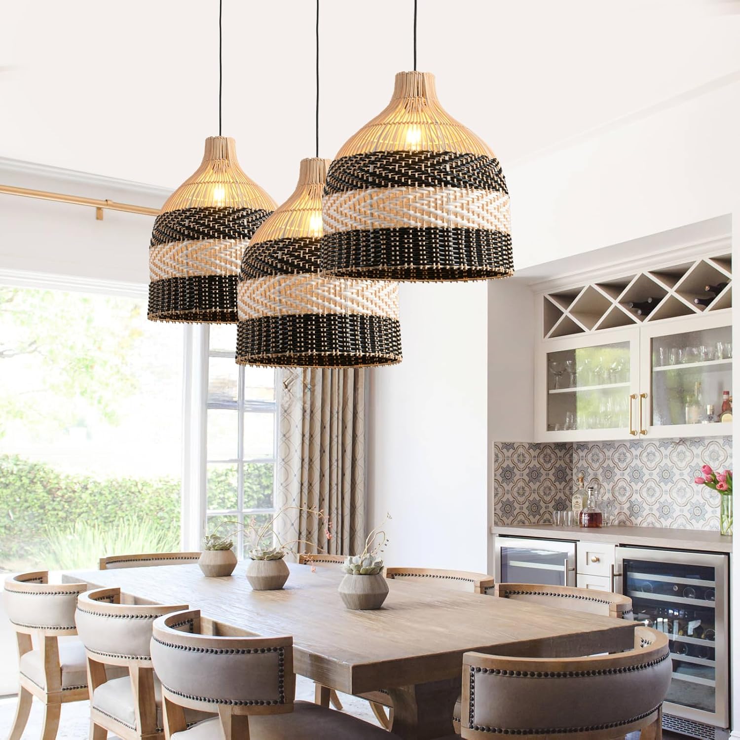 15.75" Rattan Pendant Light Black White Faux Rattan Basket Chandelier 1-Pack Boho Handmade Woven Wicker Hanging Light Fixture for Public Place Dining Living Bedroom Kitchen Farmhouse-VerdiqueGarden