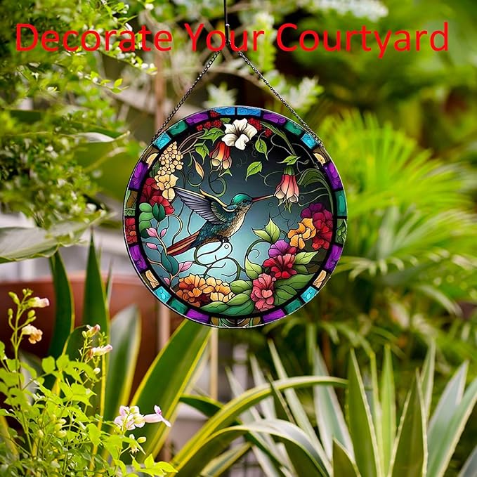 Hummingbirds and Flowers Pattern Suncatcher Stained Glass,Hanging Stained Glass for Windows,20cm/7.87inch Hand-Painted Sun Catcher Garden Hangings Painted Glass Panel Decor Themed Gift-VerdiqueGarden