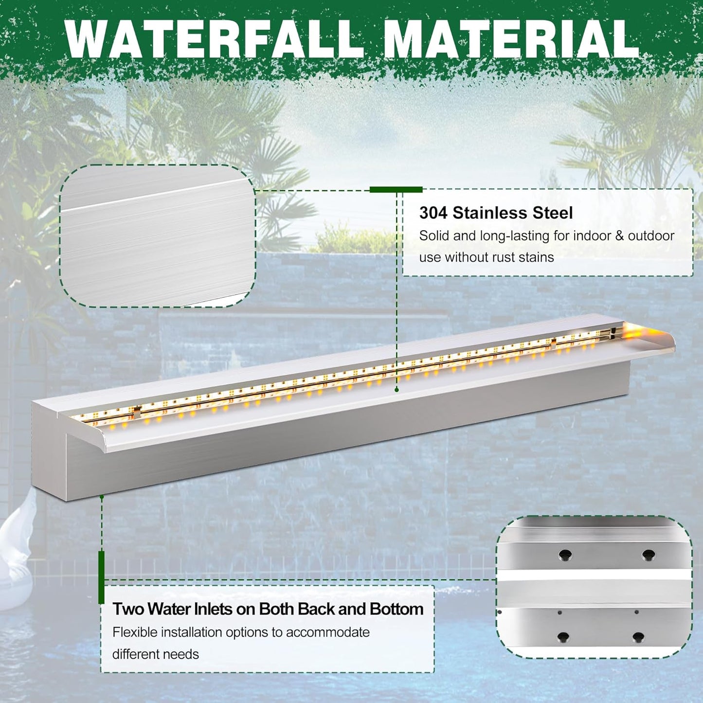 LONGRUN Waterfall Pool Fountain, Updated 5.9'' Wider Open Lip Stainless Steel Waterfall Spillway, Decorative Water Feature for Swimming Pools, Koi Ponds, Spa & Garden - 35.4''-VerdiqueGarden