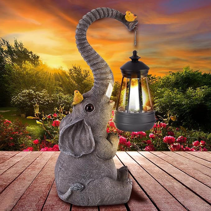 Solar Outdoor Garden Statues Lights, Mom Gifts Birthday Gifts for Women, Lucky Elephant Unique Housewarming Gifts and Yard Decoration, Elephant Figurines with Cute Birds Garden Sculpture Decor-VerdiqueGarden