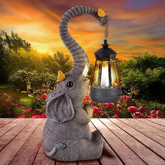 Solar Outdoor Garden Statues Lights, Mom Gifts Birthday Gifts for Women, Lucky Elephant Unique Housewarming Gifts and Yard Decoration, Elephant Figurines with Cute Birds Garden Sculpture Decor-VerdiqueGarden