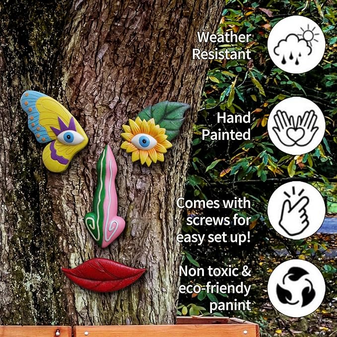 Tree Faces Decor Outdoor,Funny Tree Faces Sculpture,Colorful Fence Decorations Outdoor,Suitable for Yard and Garden Art Decor(Colorful Leaves&Colorful Butterfly)-VerdiqueGarden