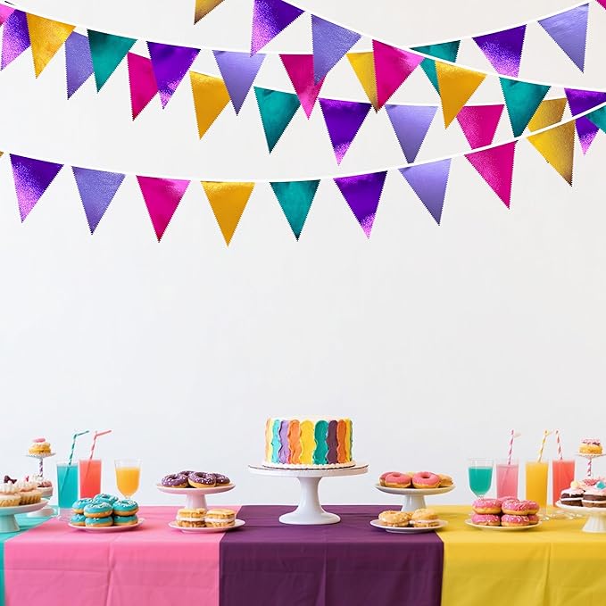 Colorful Party Decorations Hot Pink Teal Purple Metallic Fabric Triangle Pennant Banner Flag Bunting for Fiesta Carnival Rainbow Multi-color Birthday Wedding Baby Shower Holiday Outdoor Party Supplies-VerdiqueGarden