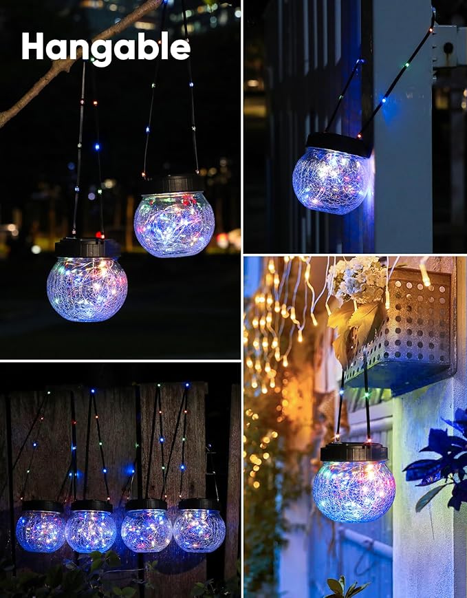 PARTPHONER Solar Lantern Solar Lights Outdoor Waterproof 2-Pack, Solar Powered Hanging Lights Cracked Glass Hanging Globes for Christmas Decoration, Shepherd Hook, Garden Tree Ornaments,Muiti-Color-VerdiqueGarden