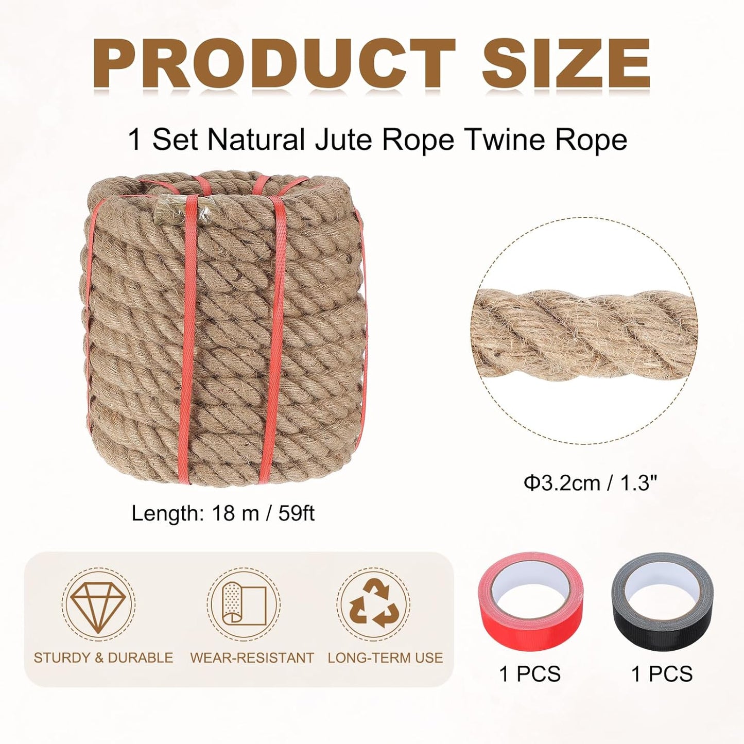 MECCANIXITY Jute Rope 1.3 Inch x 59ft, Thick Twine Rope Ropes Braided Jute Twine Natural Brown Burlap Cord String Heavy Twisted with Tapes for Decorative Crafts Railing Swing Tug of War-VerdiqueGarden