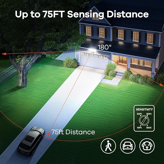 OREiN 6500LM/42W Flood Lights Outdoor, 180°/75FT Motion Sensor Outdoor Lights 4 Modes Dimmable Dusk to Dawn Floodlights IP65 Waterproof for 6000SQ.FT Area for Big Patio, Driveway, Black (Hardwired)-VerdiqueGarden