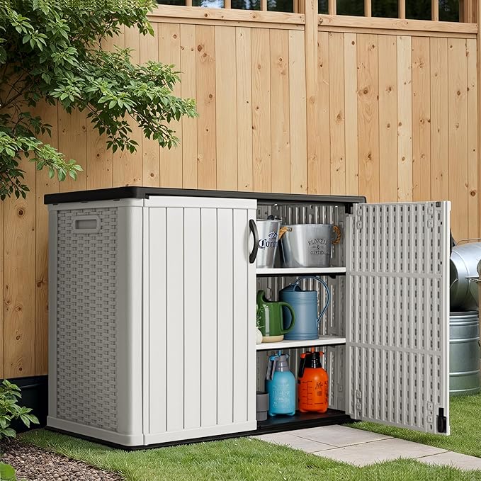 Greesum Shelf of Outdoor Horizontal 27 ft Storage Sheds, for Waterproof and UV Protection 150 Gallon Deck Box, 2 Shelves (Without Shed), White-VerdiqueGarden