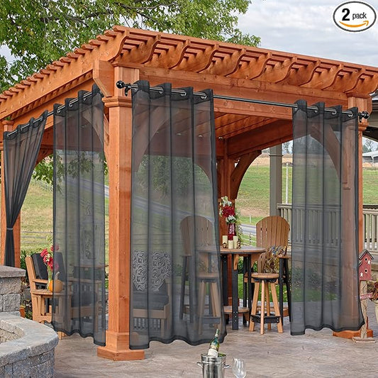 HolidayIdeas Outdoor Sheer Curtains for Patio Waterproof, 2 Panels - 54 x 120 Inch - Grey Light Filtering Voile Outside Curtains Grommet Drapes for Front Porch, Gazebo, Pergola, Backyard-VerdiqueGarden