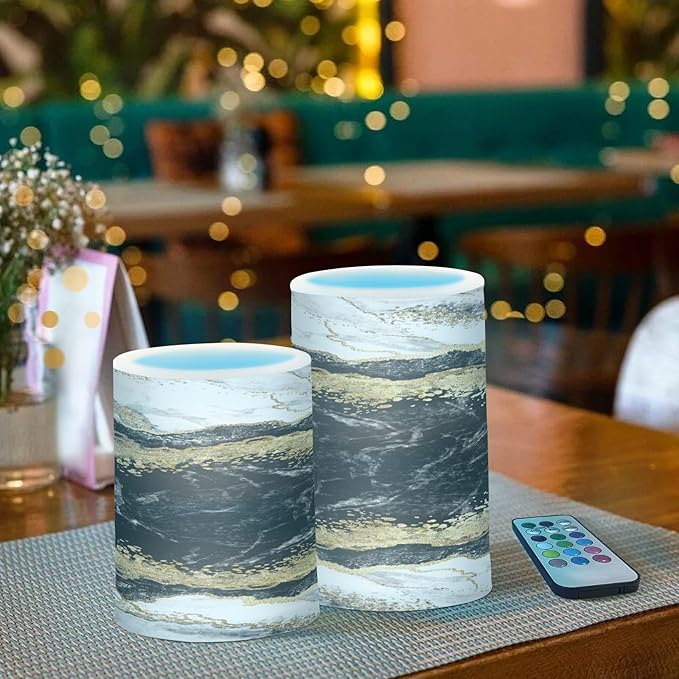 Flickering Flameless Candles, Black White Marble Gold Veins LED Candles with Remote Timer, Set of 2 Battery Operated Candle for Valentine Wedding Birthday-VerdiqueGarden