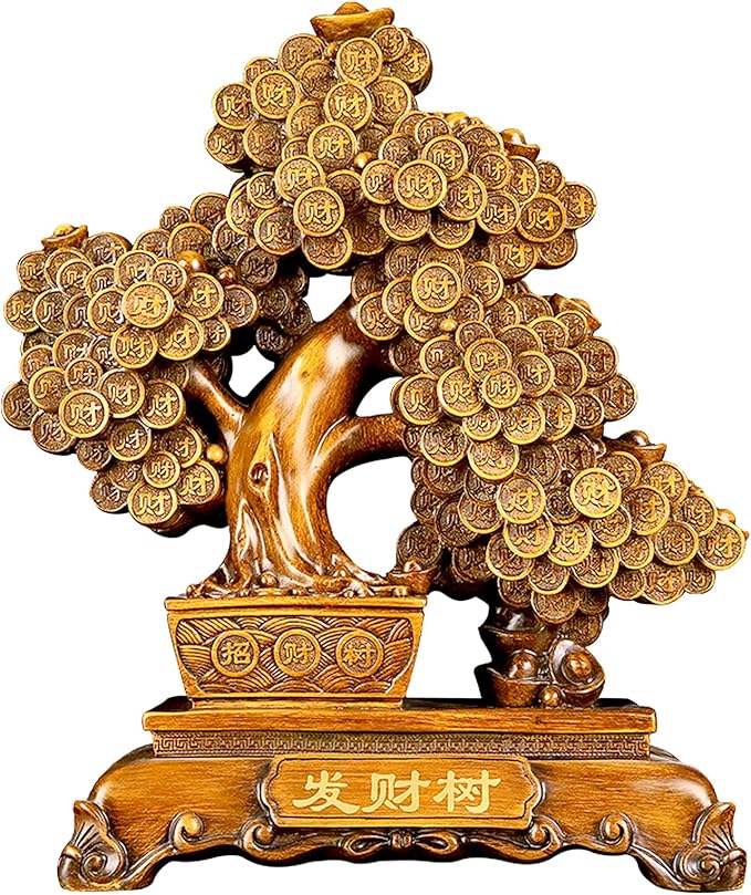 FENGSHUI-CAISHEN Top Resin Money Tree, Artificial Bonsai Tree, Handcrafted, Premium Quality, Feng Shui Gift for Abundance Luck and Success (Brown)-VerdiqueGarden