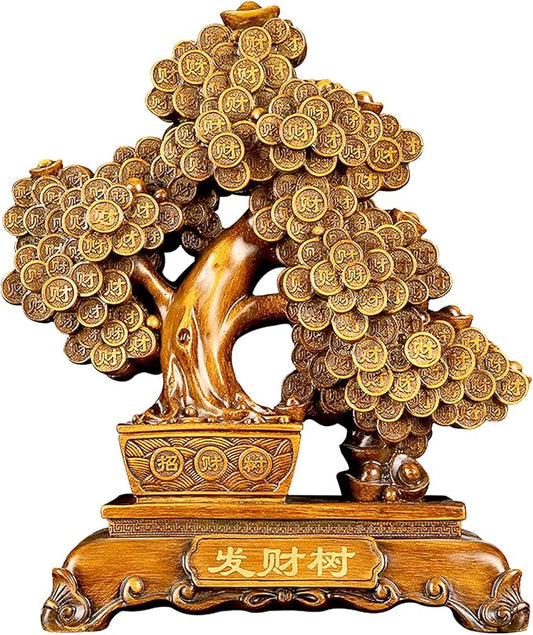 FENGSHUI-CAISHEN Top Resin Money Tree, Artificial Bonsai Tree, Handcrafted, Premium Quality, Feng Shui Gift for Abundance Luck and Success (Brown)-VerdiqueGarden