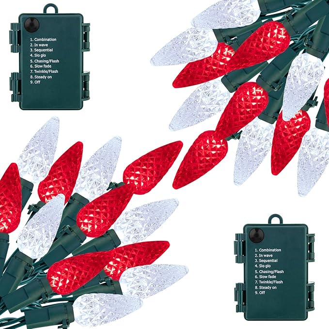 Brightown C6 LED Christmas String Lights - 2 Pack Each 20ft 60LED Battery Operated Strawberry String Lights with Timer and 8 Light Modes for Christmas Trees Wreaths, Indoor Xmas Decor, Red and White-VerdiqueGarden