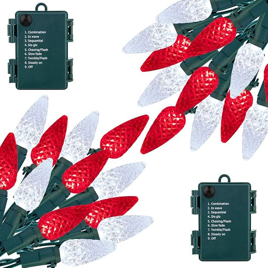 Brightown C6 LED Christmas String Lights - 2 Pack Each 20ft 60LED Battery Operated Strawberry String Lights with Timer and 8 Light Modes for Christmas Trees Wreaths, Indoor Xmas Decor, Red and White-VerdiqueGarden