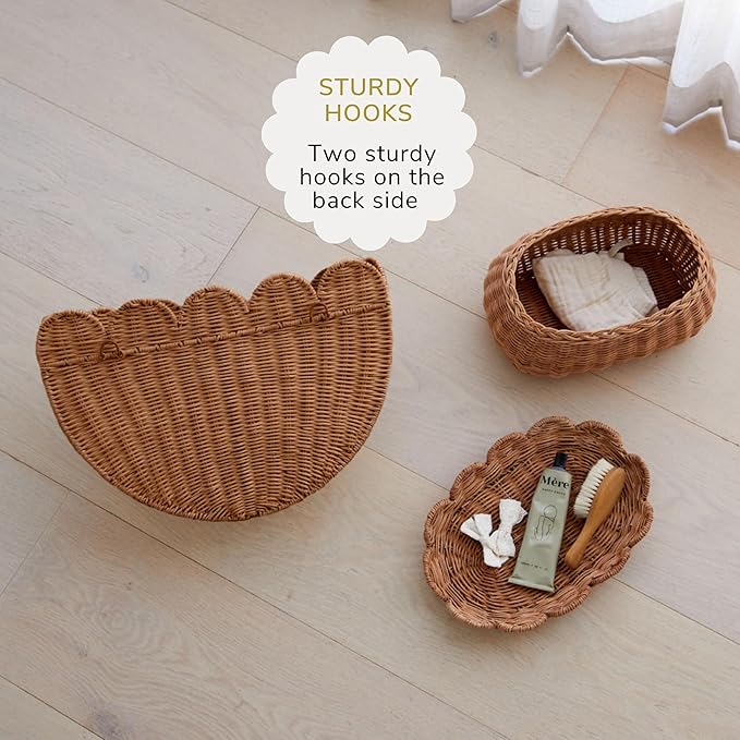 BEBE BASK Scalloped Wicker Hanging Basket - The Original Wicker Wall Decor - Hand Woven Wall Basket - Home Décor Wall Hanging Basket - Wall Storage Basket for Nursery, Living Room and Bathroom (Mocca)-VerdiqueGarden