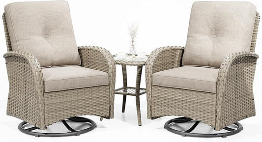 Joyside Outdoor Swivel Rocker Chairs, 3 Piece Wicker Patio Set with Thick Cushion and Side Table, Rattan Patio Swivel Rocking Chairs for Porch, Deck Use (Natural/Beige, 3 PCS)-VerdiqueGarden