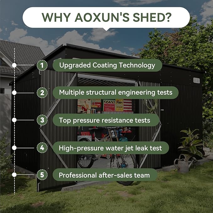 Aoxun 12' x 7.3' Shed 441 CU.FT Outdoor Waterproof Storage Shed with Triple Lockable Door Garden Metal Tool Shed for Outside (Black)-VerdiqueGarden