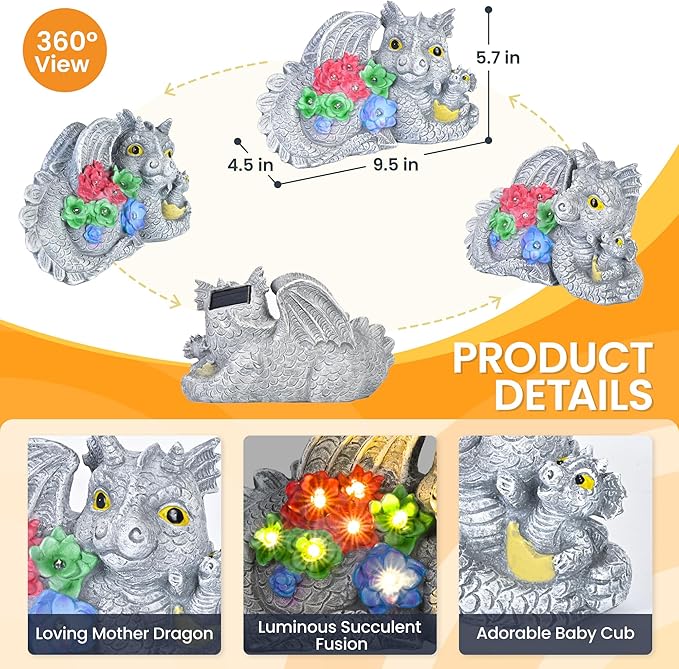 GIGALUMI Solar Garden Statues Dragon Statue Figurine Lights for Outside, Garden Decor Yard Decorations Outdoor for Mom, Women Housewarming Birthday Gifts-VerdiqueGarden