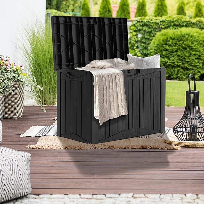 45 Gallon Waterproof Deck Storage Box - All-Weather Outside Storage Box with Lock, Outdoor Box Storage for Patio/Pool Accessories, UV-Resistant Resin, Matte Black-VerdiqueGarden