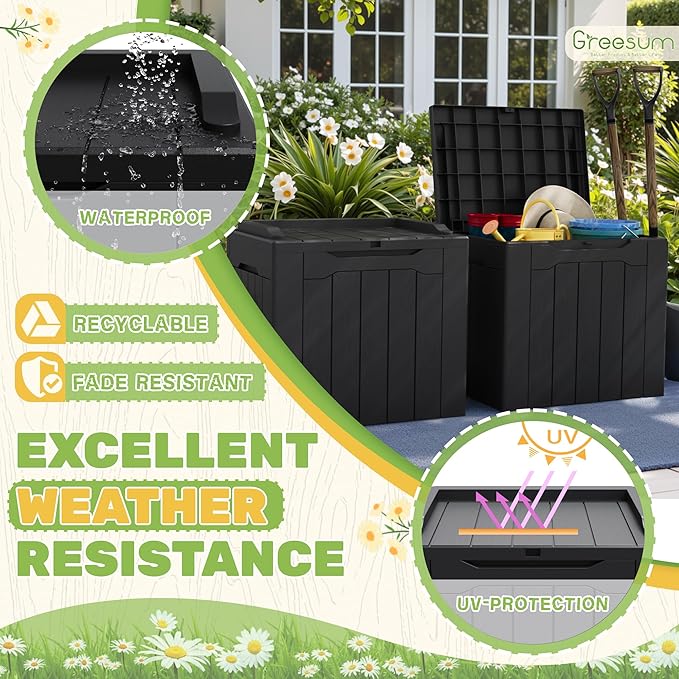 Greesum 31 Gallon Deck Box for Outside, All Weather Outdoor Storage Boxes for Patio Furniture Set, Package Delivery Box, Garden Tools, Black(Set of 2)-VerdiqueGarden