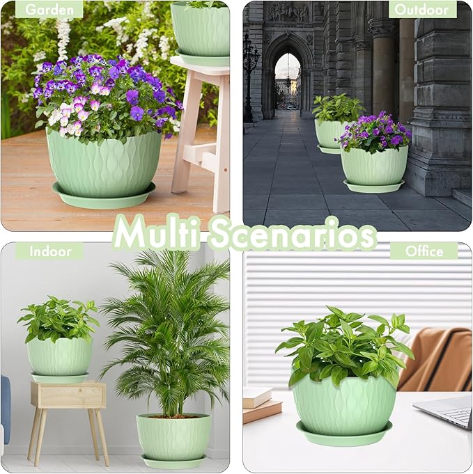 12 Inch Large Plant Pots for Indoor or Outdoor Plants, Wide Water Ripples Flower Pots with Drainage Holes & Saucer, Plastic Planters Set for Garden & Home Decor (Green)-VerdiqueGarden