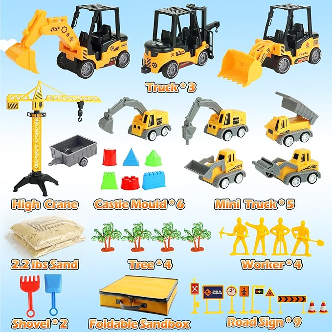 Sand Construction Site Kit - 37 Pcs Play Sand Art Kit with 8 Construction Trucks, Folding Sandbox, 2.2 lbs Magic Sand, Crane, Worker, Road Signs, Molds, Shovel - Ideal Toys for Boys Girls Age 3+-VerdiqueGarden