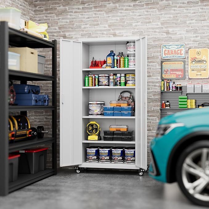 73" H Metal Garage Storage Cabinet with Wheels,Rolling Tool Storage Cabinet with 2 Doors and 4 Adjustable Shelves for Garage,Home,Office,Warehouse,Workshop, Required-Assembly,White-VerdiqueGarden